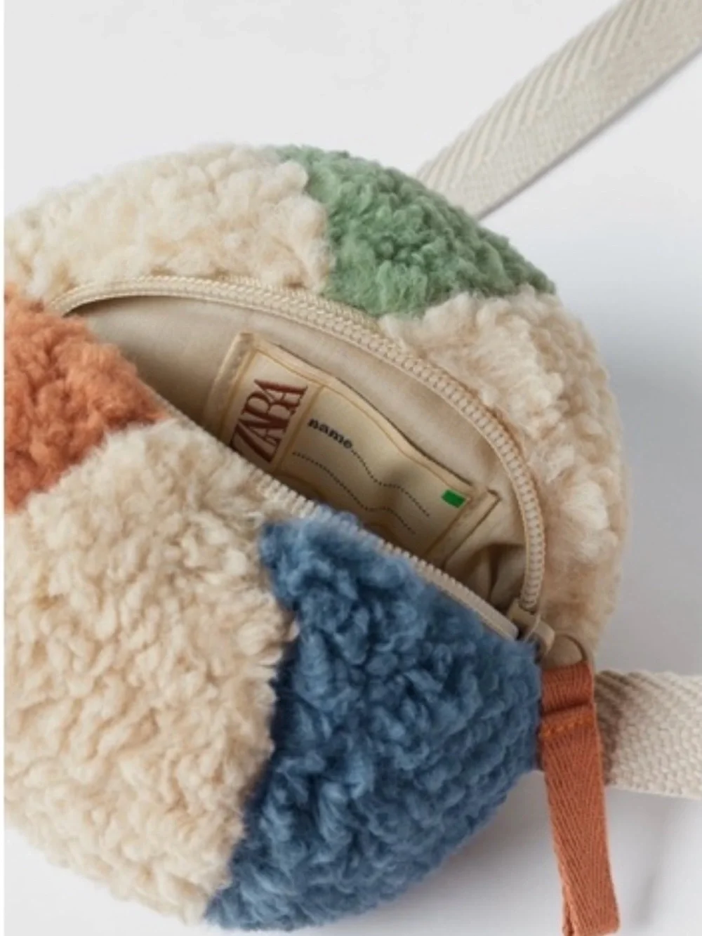 Zara Round Sherpa Kids Crossbody Bag in Orange, Cream, Blue & Green